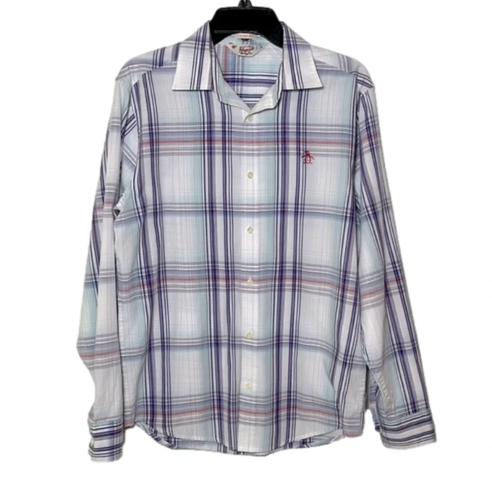 Original penguin classic fit long sleeve white & purple plaid shirt -Size medium
